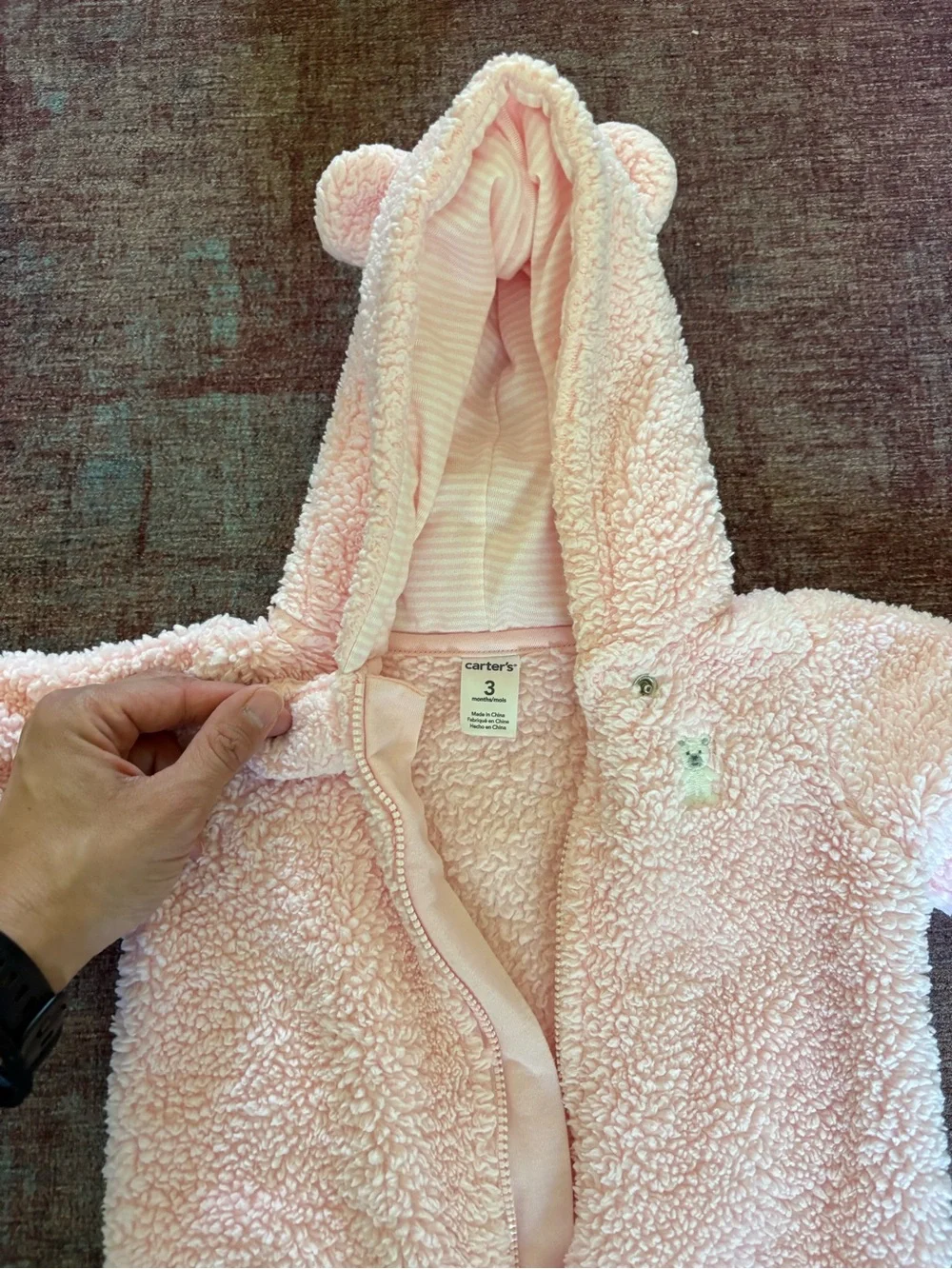 Cozy 3 month Pink Sherpa One-Piece with Hood and Bear Feet
